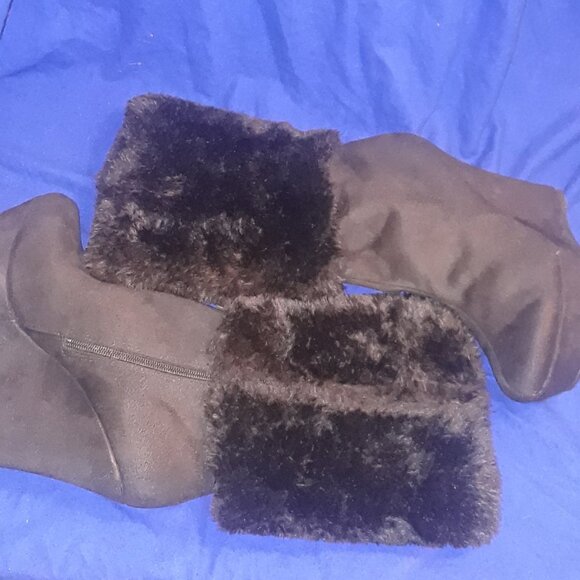 Pointed Toe Platform Wedge Heels Faux Fur Half Boots - Picture 2 of 5